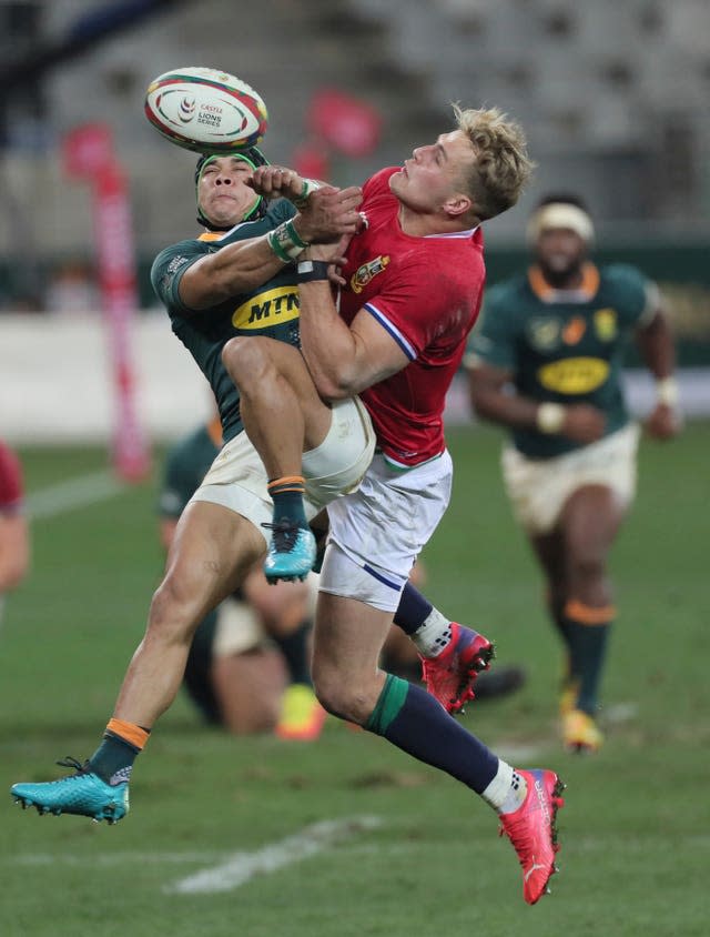 South Africa’s Cheslin Kolbe (left) and British and Irish Lions’ Duhan van der Merwe compete for a high ball in Cape Town