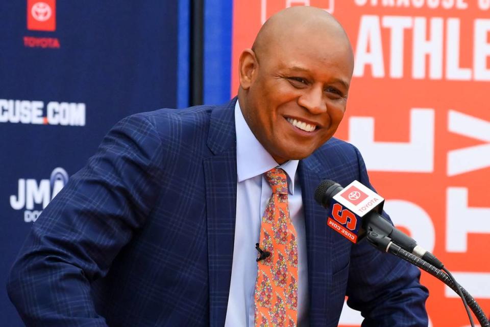 Syracuse Orange head coach Adrian Autry reacts during a press conference at the Carmelo K. Anthony Basketball Center.