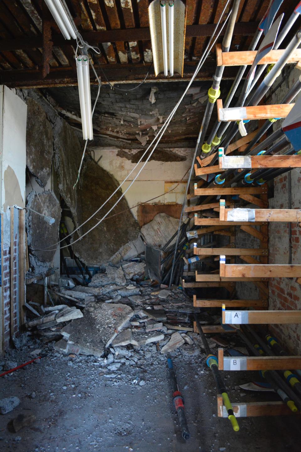 The oar room at the Detroit Boat Club after a ceiling collapse.