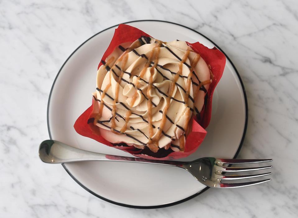 These are treats at Caroline's Cakes in Spartanburg that can help you fill your Valentine's Day gift needs. This is a Chocolate Carmel Cloud Cupcake. 