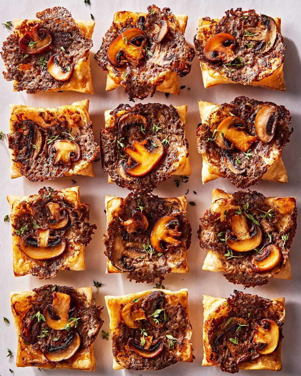 individual puff pastry squares topped with a cheesy mushroom duxelles, slices of roasted mushrooms, and fresh thyme
