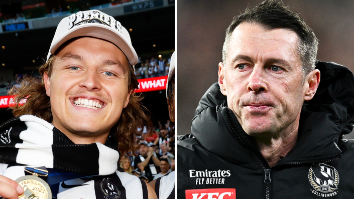 Collingwood coach Craig McRae (pictured right) took a dig at Jack Ginnivan for attending the races the night before the AFL grand final. (Getty Images)

