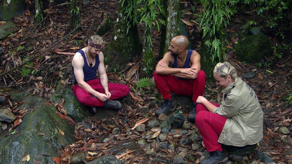 Marvin Humes, Josie Gibson and Sam Thompson chatting in the jungle