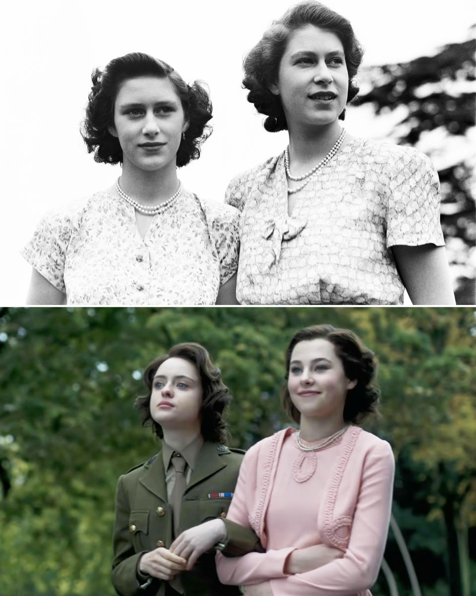 The real Margaret and Elizabeth wearing short-sleeved dresses and their Crown versions are in arm and wearing a military uniform (Elizabeth) and a blouse and cardigan (Margaret)