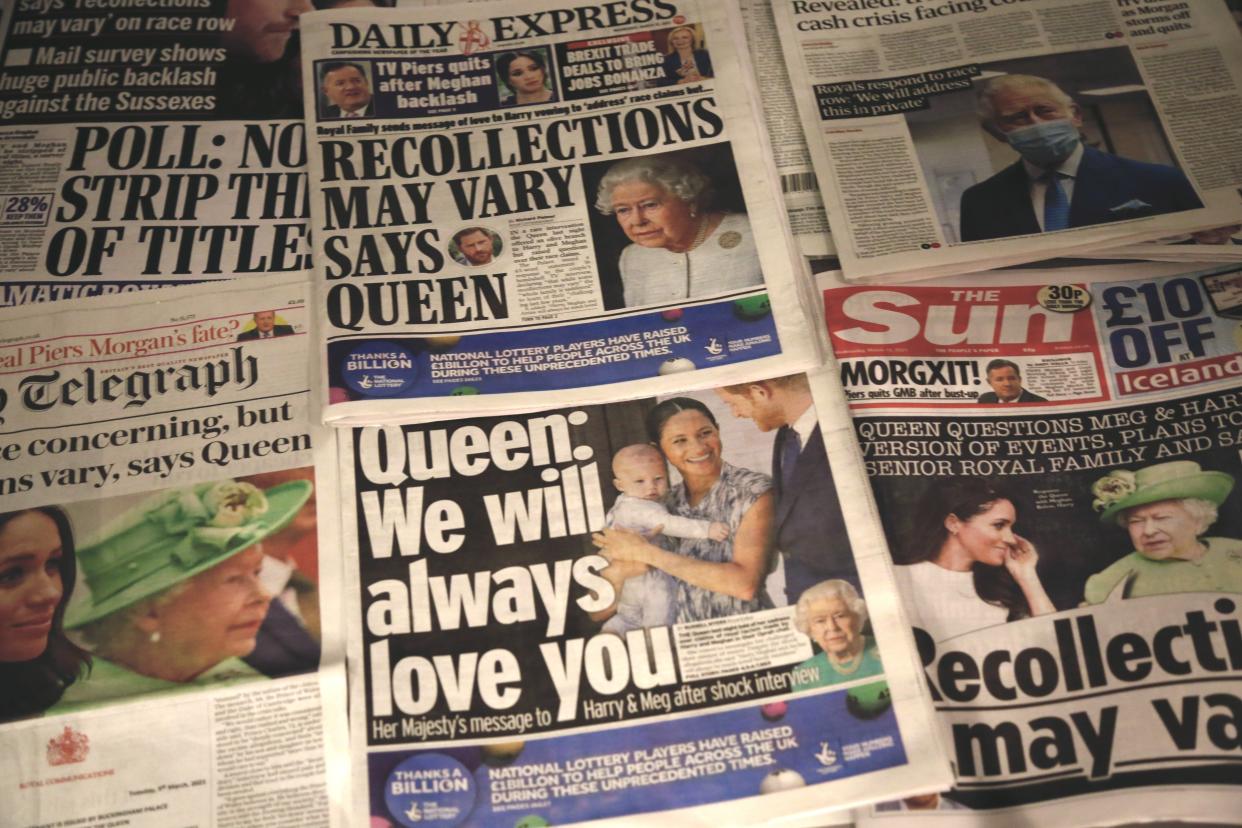 LONDON, UNITED KINGDOM - MARCH 10: An arrangement of UK daily newspapers shows front page headlines reporting Queen Elizabeth's respond over the interview given by the Duchess of Sussex, Meghan Markle and her husband Britain's Prince Harry, Duke of Sussex, to media mogul Oprah Winfrey about their experiences with Buckingham Palace, in London, United Kingdom on March 10, 2021. (Photo by Hasan Esen/Anadolu Agency via Getty Images)