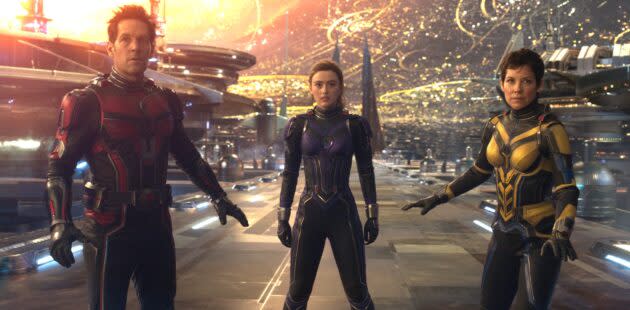 Ant-Man (Paul Rudd), Cassie Lang (Kathryn Newton) and the Wasp (Evangeline Lilly) face off against a supervillain in Ant-Man and the Wasp: Quantumania.  (Photo courtesy of Marvel Studios)