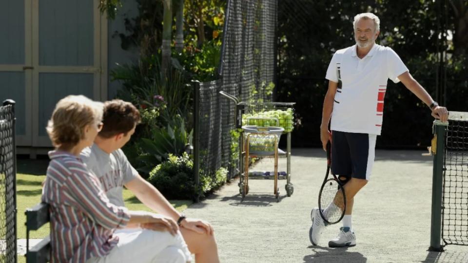 From left to rightL Annette Bening, Jake Lacy and Sam Neill in “Apples Never Fall” (Peacock)