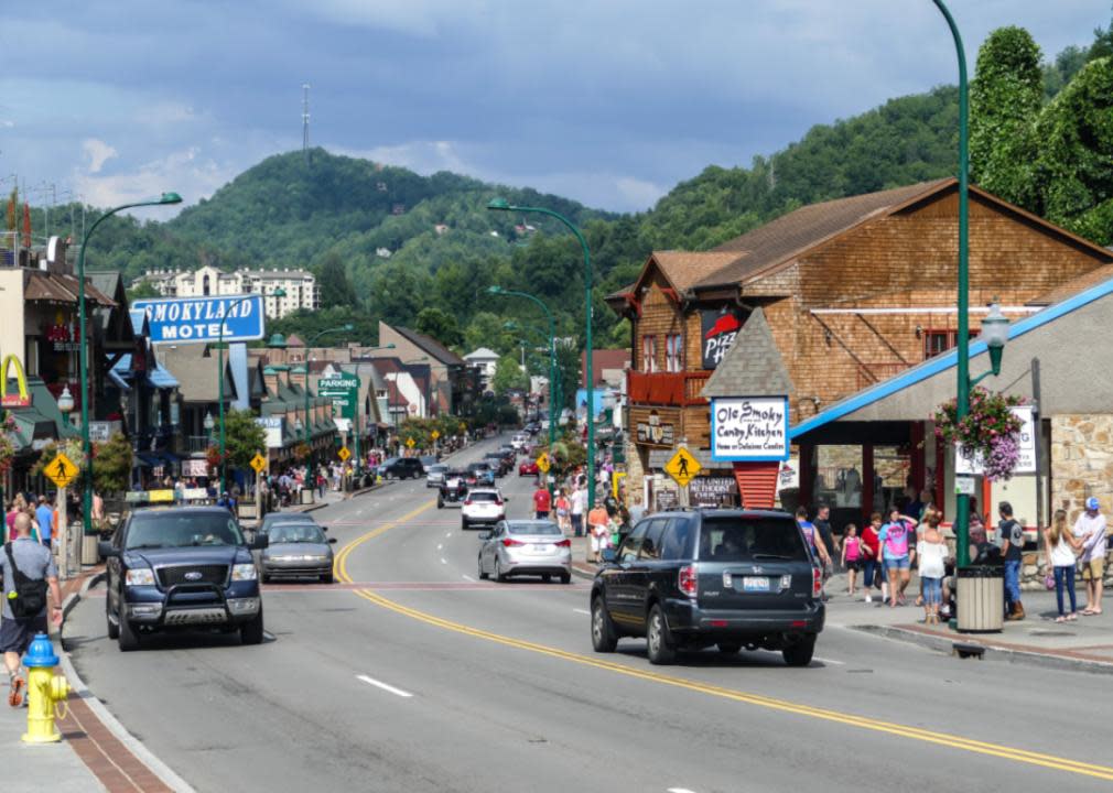 A busy street in Gatlinburg in summer.