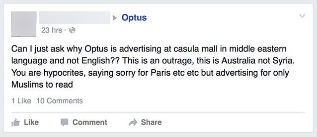 Several users slammed Optus for advertising in Arabic. Photo: Facebook