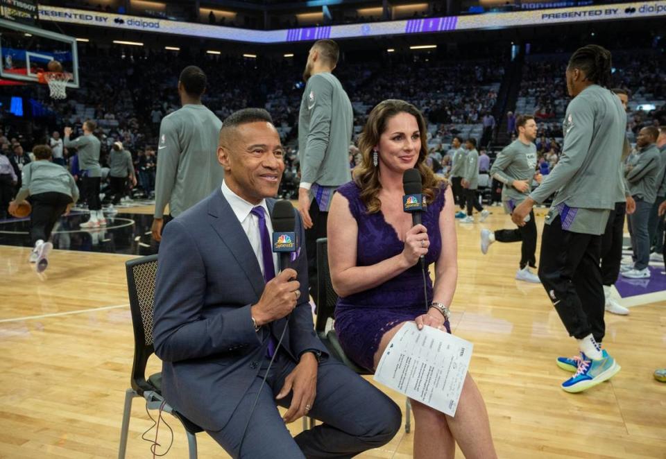 Sacramento Kings play-by-play announcer Mark Jones and color commentator Kayte Christensen broadcast on air before a game last month. Paul Kitagaki Jr./pkitagaki@sacbee.com