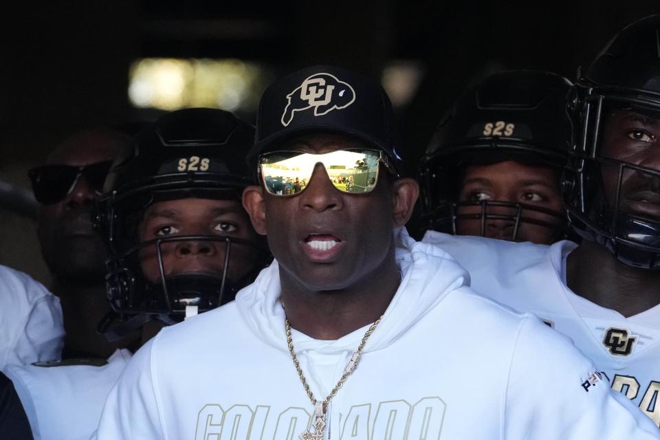 Deion Sanders enters the field before Colorado's game against UCLA at Rose Bowl on Oct. 28, 2023. UCLA defeated Colorado, 28-16.