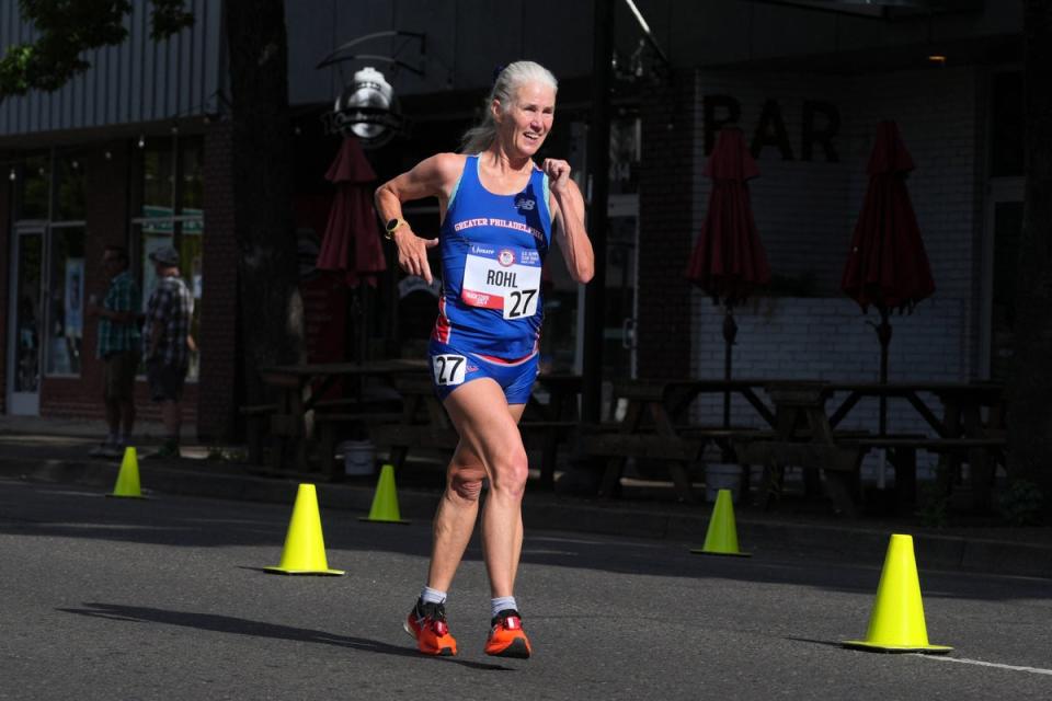 Michelle Rohl, 58, competing during the Olympic trials in Oregon on Saturday. She returned to the sport after two decades in retirement (Kirby Lee-USA TODAY Sports)