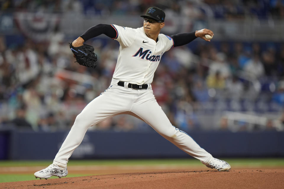 Miami Marlins' Jesus Luzardo delivers a pitch during the first inning of a baseball game against the Pittsburgh Pirates, Thursday, March 28, 2024, in Miami. (AP Photo/Wilfredo Lee)