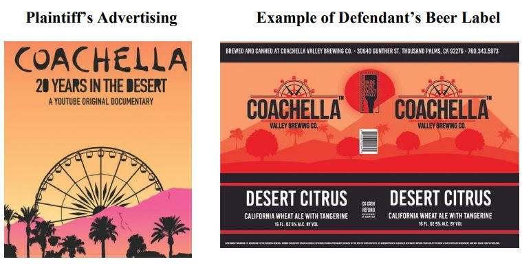 A comparison between a logo for the Coachella Valley Music and Arts Festival, at left, and a beer label from Coachella Valley Brewing Co. The festival's operators say the brewery is violating federal trademark law.