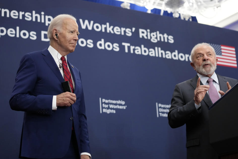 President Joe Biden and Brazil's President Luiz Inacio Lula da Silva announce the launch of a partnership for workers' rights during a meeting in New York, Wednesday, Sept. 20, 2023. (AP Photo/Susan Walsh)