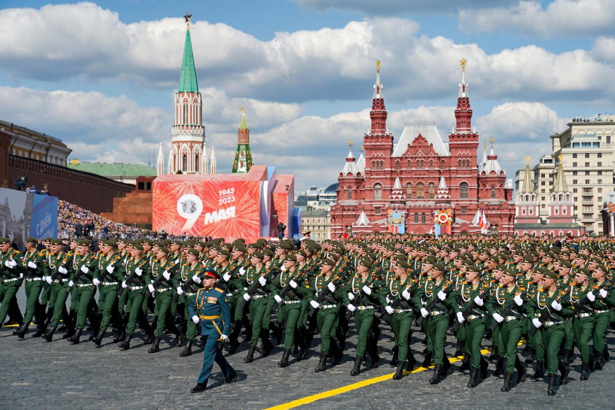 Russian soldiers march in Red Square (AP)