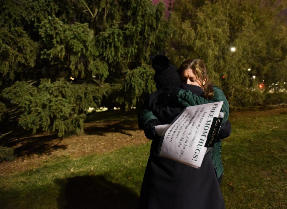 Marissa Gilson, right, of Laingsburg passed out 'mom hugs’ on the campus of Michigan State University in the days after the Feb. 13, 2023, shooting. Gilson said she'll be back out on campus this week offering more hugs.