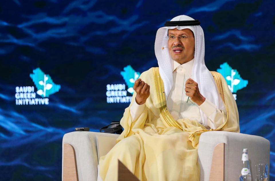 Saudi Energy Minister, Prince Abdulaziz bin Salman bin Abdulaziz Al Saud speaks during the Saudi Green Initiative Forum to discuss efforts by the world's top oil exporter to tackle climate change in Riyadh, Saudi Arabia, October 23, 2021. REUTERS/Ahmed Yosri