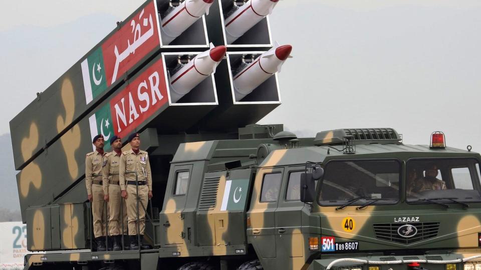 Pakistan-made ballistic missiles NASR and their launcher are displayed during a military parade in Islamabad, Pakistan, on March 23, 2024. (AP)