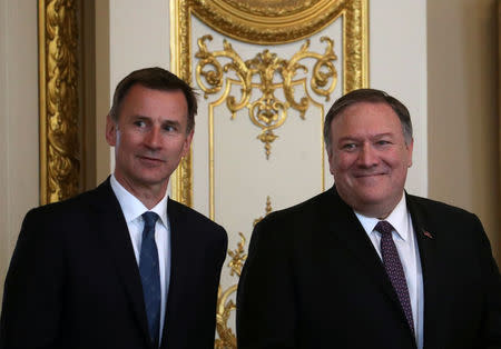 U.S. Secretary of State Mike Pompeo arrives with Britain's Foreign Secretary Jeremy Hunt to speak at Lancaster House in London, Britain May 8, 2019. REUTERS/Hannah Mckay