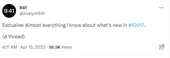 推特用戶@analyst941，近期透露蘋果最新iOS 17系統內容。   圖：翻攝自@analyst941推特