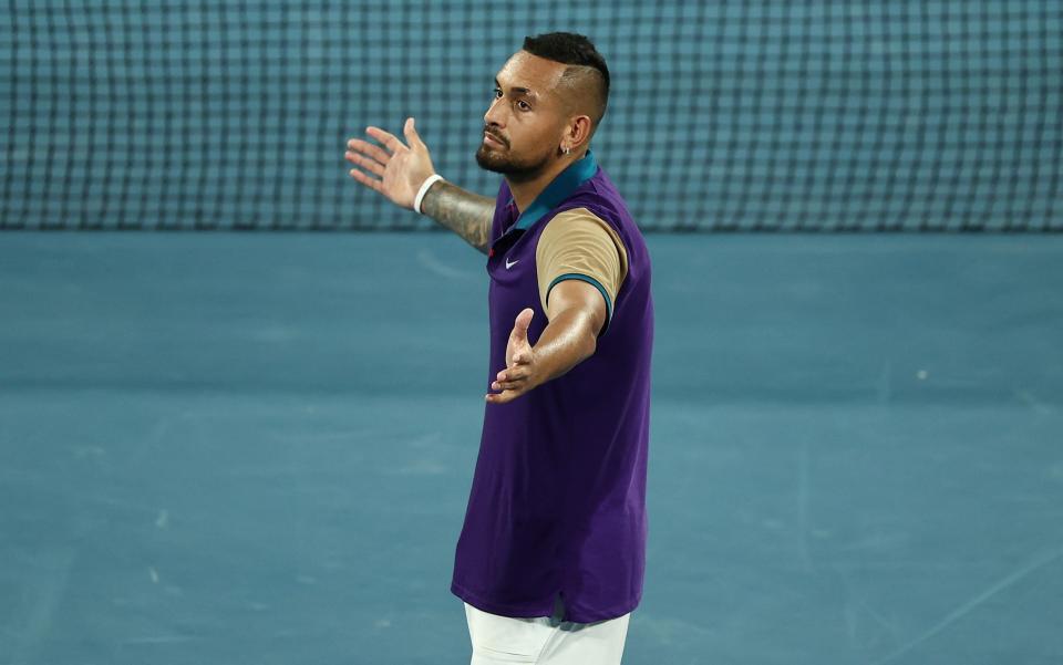 Nick Kyrgios of Australia celebrates after winning his Men's Singles second round match against Ugo Humbert of France during day three of the 2021 Australian Open at Melbourne Park on February 10, 2021 in Melbourne, Australia. - GETTY IMAGES