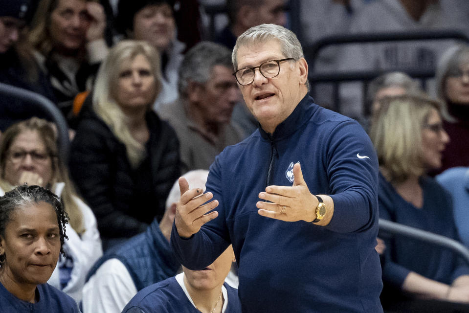 UConn head coach Geno Auriemma watches during the first half of an NCAA college basketball game against the Villanova, Saturday, Feb. 18, 2023, in Villanova, Pa. (AP Photo/Laurence Kesterson)