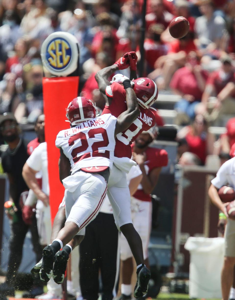 Apr 17, 2021; Tuscaloosa, Alabama, USA; White defensive back Ronald Williams Jr. (22) breaks up a pass intended for Crimson receiver Xavier Williams (3) in the University of Alabama A-Day Game at Bryant-Denny Stadium. Mandatory Credit: Gary Cosby-USA TODAY Sports