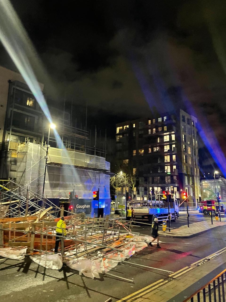 Scaffolding was blown over during stormy weather in Greenwich (Robbie Smith/Evening Standard)