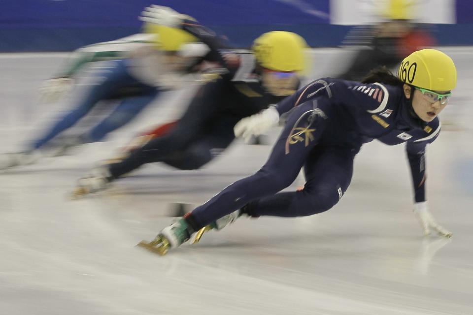 South Korea's Shim Suk-Hee competes to win the women's 1000m finals during the ISU Short Track World Cup speed skating competition in Shanghai