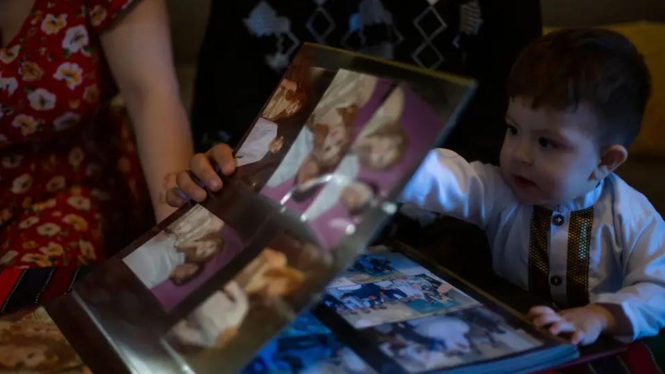 At their home in Austin, Azita Jawady, her husband Hamid Sadra and their 1-year-old son Qmars look through wedding photos from Afghanistan. (Leila Saidane/The Texas Tribune)