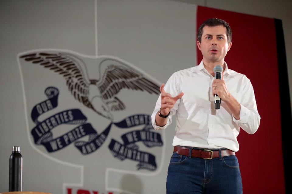 Democratic presidential candidate, South Bend, Indiana mayor Pete Buttigieg speaks during a campaign stop at Berg Middle School on September 21, 2019 in Newton, Iowa. The stop was the first of a scheduled four-day bus of the state.