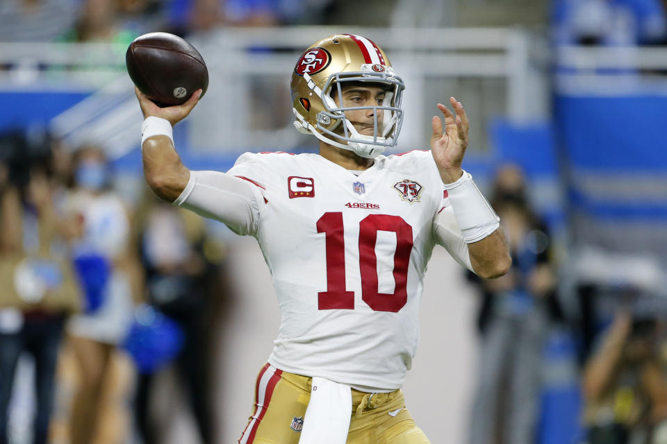 San Francisco 49ers quarterback Jimmy Garoppolo throws against the Detroit Lions in the second half of an NFL football game in Detroit, Sunday, Sept. 12, 2021. (AP Photo/Duane Burleson)