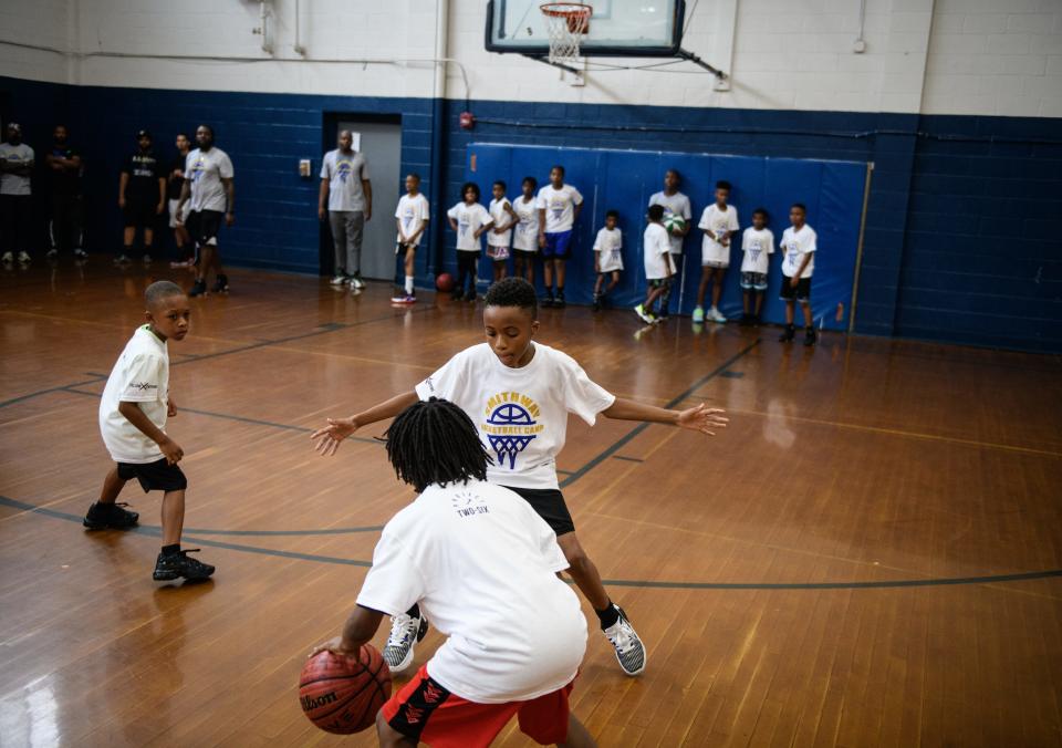 Kids practice their basketball skills at a youth camp.