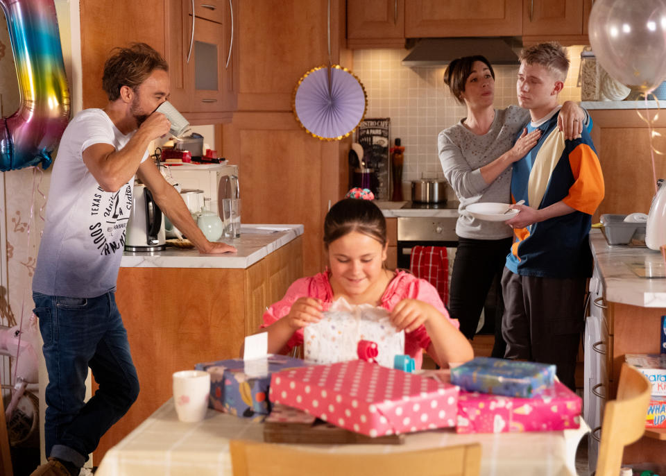 FROM ITV

STRICT EMBARGO  - No Use Before Tuesday 15th August 2023

Coronation Street - Ep 1104142

Friday 25th August 2023

At No.8, Lily Platt [BROOKE MALONIE] opens her birthday presents whilst David Platt [JACK P SHEPHERD] and Shona Platt [JULIA GOULDING] congratulate Max Turner [PADDY BEVER] on passing his GCSEs.  

Picture contact - David.crook@itv.com

Photographer - Danielle Baguley

This photograph is (C) ITV and can only be reproduced for editorial purposes directly in connection with the programme or event mentioned above, or ITV plc. This photograph must not be manipulated [excluding basic cropping] in a manner which alters the visual appearance of the person photographed deemed detrimental or inappropriate by ITV plc Picture Desk. This photograph must not be syndicated to any other company, publication or website, or permanently archived, without the express written permission of ITV Picture Desk. Full Terms and conditions are available on the website www.itv.com/presscentre/itvpictures/terms
