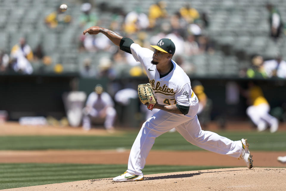 Oakland Athletics starting pitcher Frankie Montas throws against the Cleveland Indians during the first inning of a baseball game Saturday, July 17, 2021, in Oakland, Calif. (AP Photo/Tony Avelar)