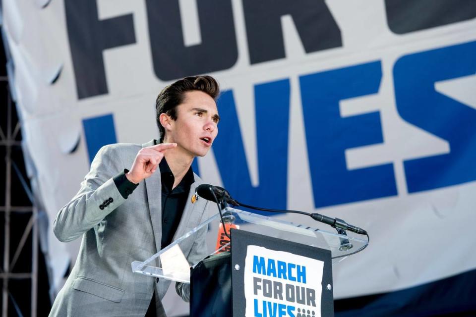 David Hogg, a survivor of the mass shooting at Marjory Stoneman Douglas High School in Parkland, Fla., speaks during the “March for Our Lives” rally in support of gun control in Washington on March 24, 2018.