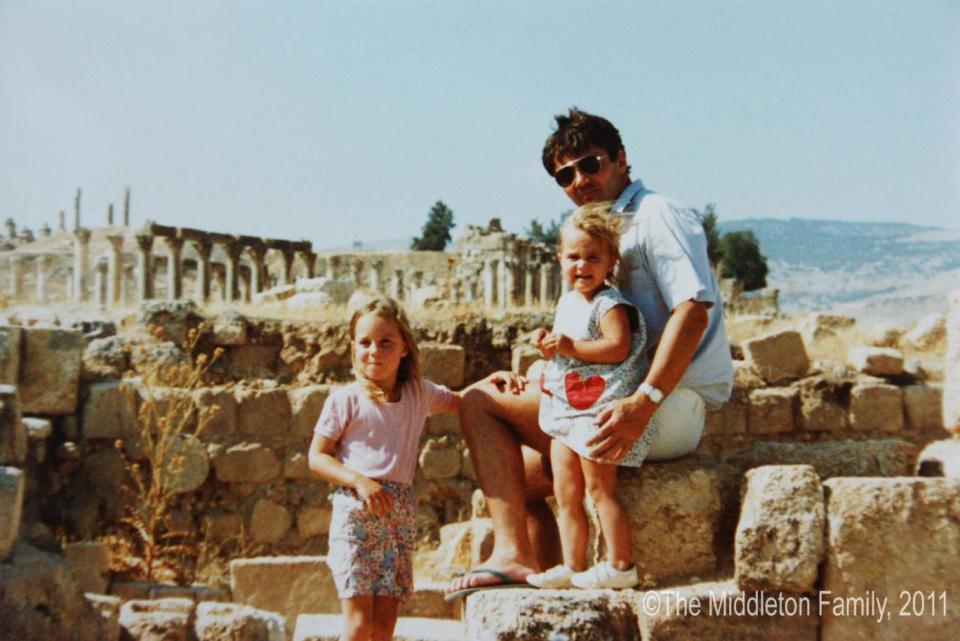 Family photo: the Duchess of Cambridge, aged four, with her father Michael Middleton and sister Pippa in Jerash, Jordan (The Middleton Family/PA)