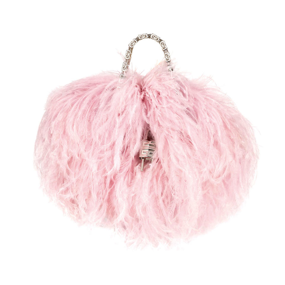 Givenchy Blossom Pink Mini Kenny bag in ostrich feathers, silk and lambskin, perfect for a premiere at the Academy Museum; 3,825, at Saks Fifth Avenue, Beverly Hills