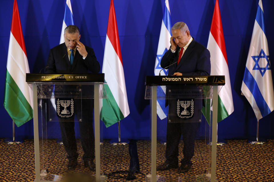 Hungarian Prime Minister Viktor Orban, left, and Israeli Prime Minister Benjamin Netanyahu attend a press conference after their meeting in Jerusalem, Tuesday, Feb. 19, 2019. (AP Photo/Ariel Schalit, Pool)