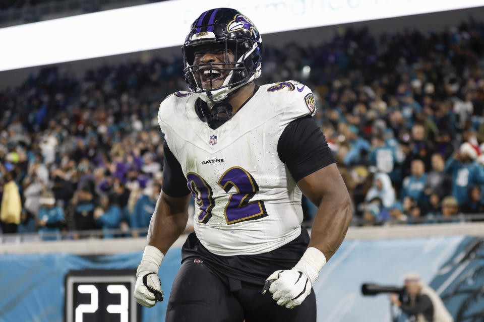 JACKSONVILLE, FL - DECEMBER 17: Baltimore Ravens defensive tackle Justin Madubuike (92) reacts after a play during the game between the Jacksonville Jaguars and the Baltimore Ravens on December 17, 2023 at EverBank Stadium in Jacksonville, Fl. (Photo by David Rosenblum/Icon Sportswire via Getty Images)