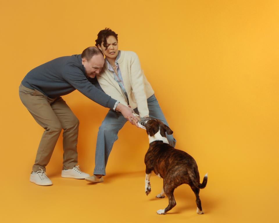 Jonathan Fielding, left, and Dekyi Rongé struggle when one of her oldest friends gifts them a dog they didn’t ask for.