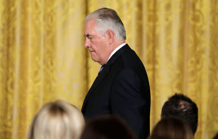 FILE PHOTO: U.S. Secretary of State Rex Tillerson arrives for a meeting between U.S. President Donald Trump and Colombian President Juan Manuel Santos at the White House in Washington, U.S., May 18, 2017. REUTERS/Kevin Lamarque/Files