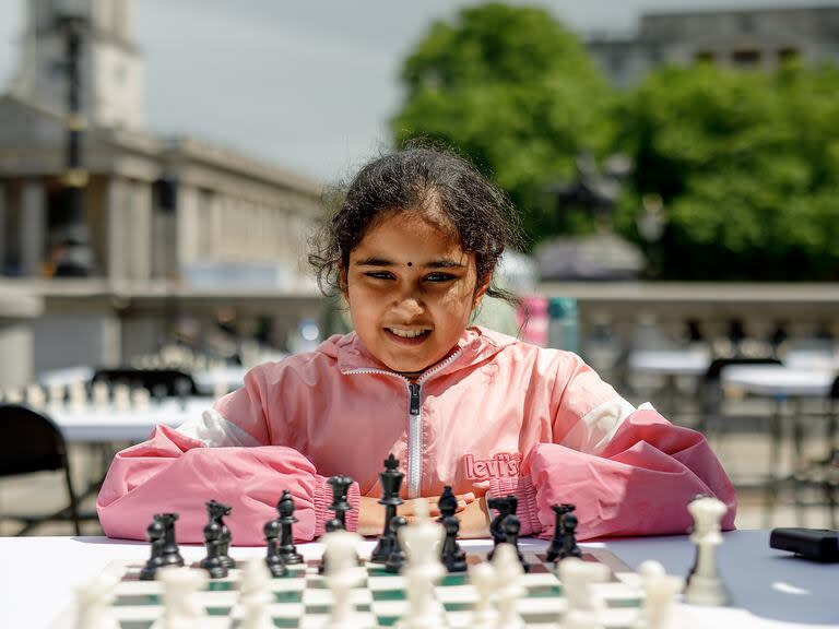 Chess prodigy Bodhana Sivanandan, 9, at Trafalgar Square in London, July 7, 2024. International masters have called Bodhana a phenomenon since she burst onto the competitive chess scene in 2021. (Sam Bush/The New York Times)