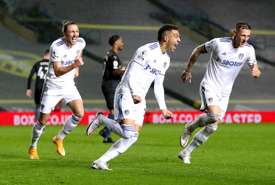 Rodrigo celebrates after scoring Leeds' equaliser (PA)