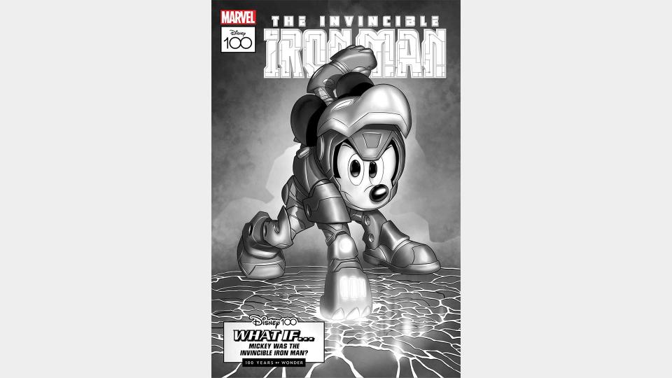 Mickey Mouse as Iron Man in black and white