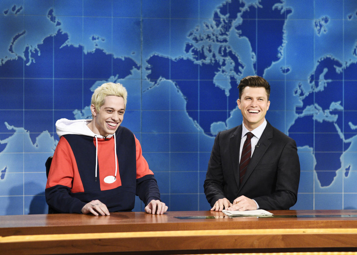 SATURDAY NIGHT LIVE -- 'Adam Driver' Episode 1747 -- Pictured: (l-r) Pete Davidson, Colin Jost during 'Weekend Update' in Studio 8H on Saturday, September 29, 2018 -- (Photo by: Will Heath/NBC/NBCU Photo Bank via Getty Images)