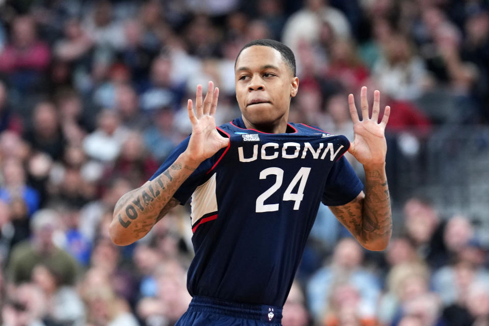 Connecticut guard Jordan Hawkins (24) reacts to a made shot during a game against Gonzaga in Las Vegas on Saturday. (Joe Camporeale-USA TODAY Sports)