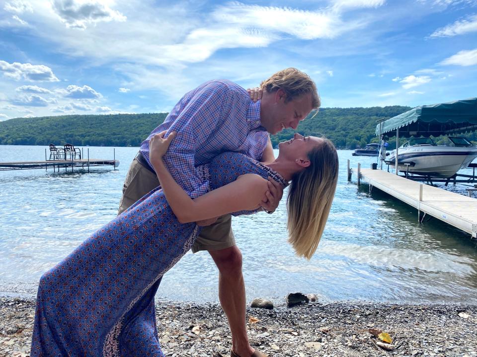 Josh Reinhard dips his wife, Abby, as they celebrated their 10-year wedding anniversary by renewing their vows in upstate New York in summer 2020.