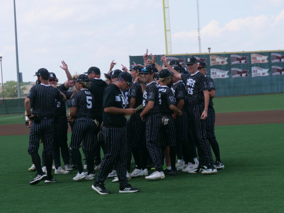 The Randall baseball team huddles together after beating Hereford in game one of their 4A regional quarterfinal playoff series on Thursday, May 18, 2023 at West Texas A&M.